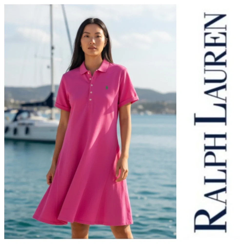 Ralph Lauren Polo Shirt Dress Sz Large 12 14 Hot Pink Flare Swing Tennis Sporty - Picture 1 of 5
